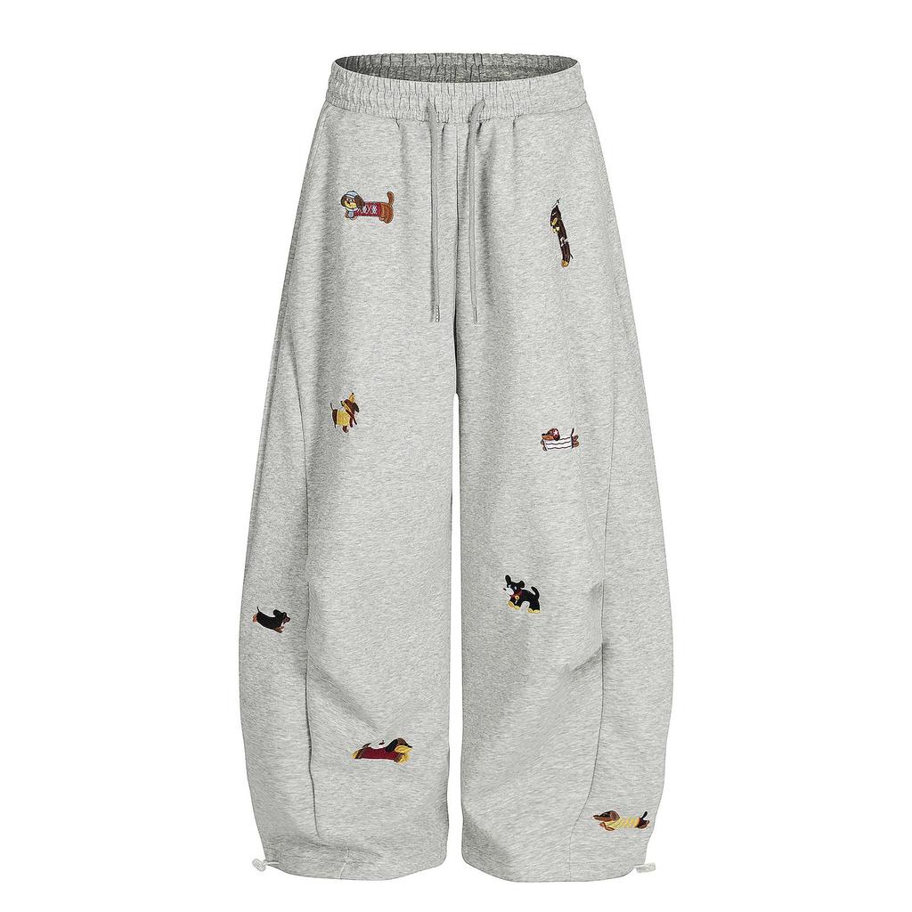 Ricamo Cucciolo Pantaloni della Tuta Baggy a Barile Casual Elastico Coulisse Unisex Gamba Larga Pantaloni