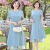 Women's Summer Dress Plus Size Temperament Short Sleeved Chiffon Dress, Middle-aged and Elderly Elegant Belly Covering Skirt