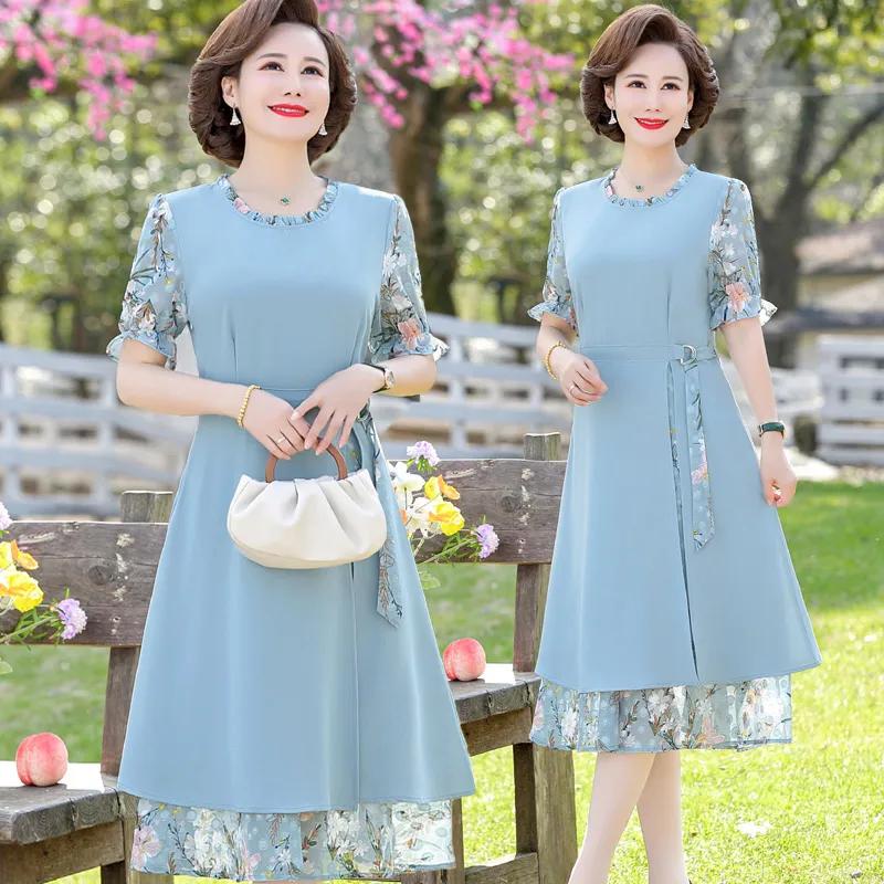 Women's Summer Dress Plus Size Temperament Short Sleeved Chiffon Dress, Middle-aged and Elderly Elegant Belly Covering Skirt