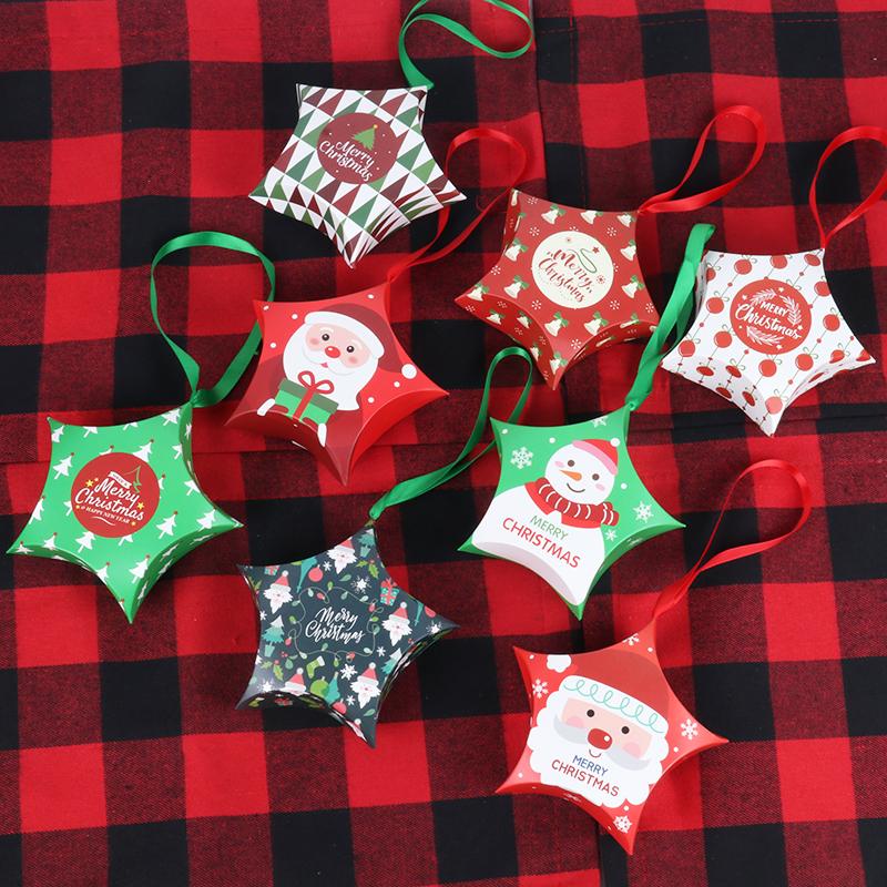 8pcs Star Shape Christmas Candy Box DIY Paper Treat Gift Boxes with Ribbon Merry Christmas Boxes Bag for Home New Year Navidad