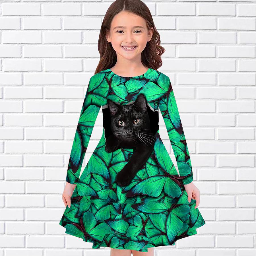 Fata ocazional pisica neagra imprimeu fluture rochie cu gat rotund cu maneca lunga rochie printesa copii