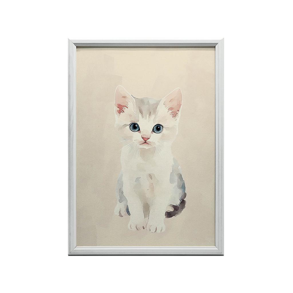 Plakat Kotek Na Beżowym Tle Plakat Kotek Na Beżowym Tle, 30X40 Cm, Rama Drewniana Jasny Dąb, Papier Matowy 230 Gsm