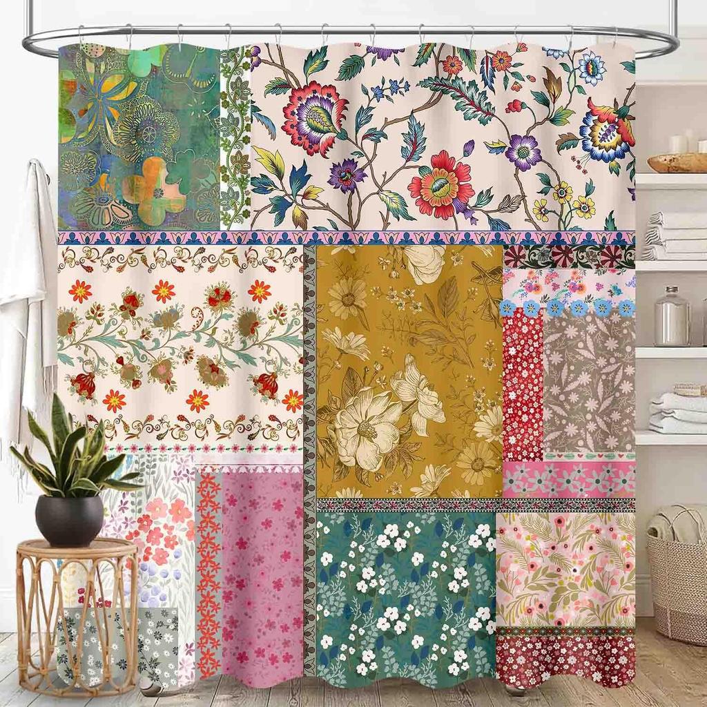 Patchwork Duschvorhang, Vintage Patchwork Boho Floral Blume Bohemian Bunt Frühling Retro Muster Nähte Bohemian