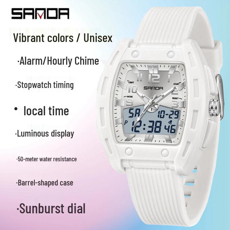 SANDA Men's Waterproof Luminous Sports Watch - Countdown & Multifunctional Barrel-Shaped Electronic Watch with Large Dial