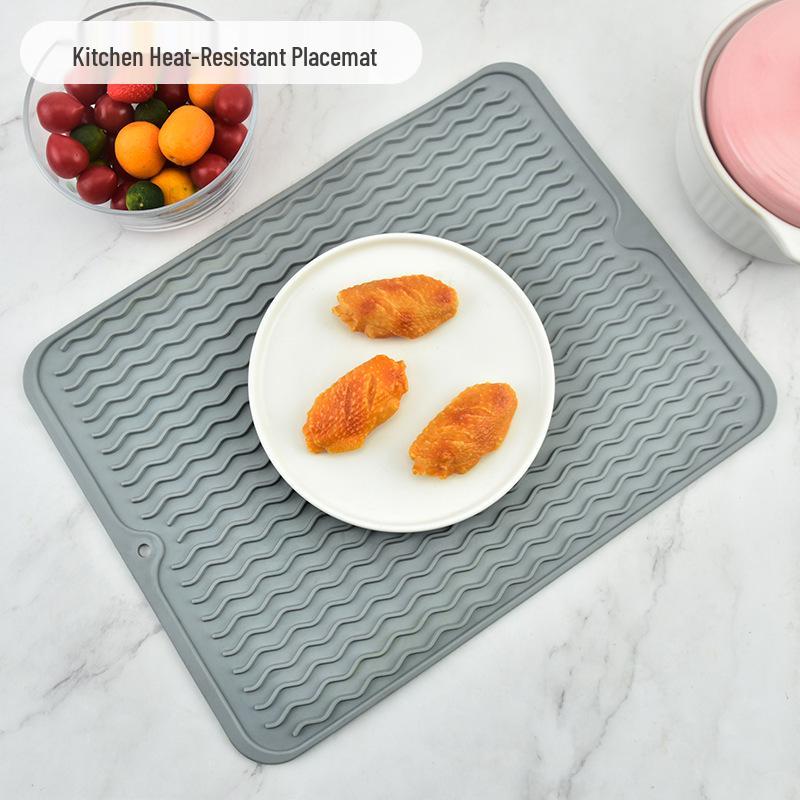 Heat-Insulating Non-Slip Rubber Kitchen Placemat and Drain Mat with Wavy Grooves, Waterproof Design