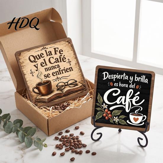 Rustic Coffee Sign for Bar 5" x Sign Wooden Spanish Decor with Decorative Station Signage Metal Display Rack Vintage Tabletop Decorations,