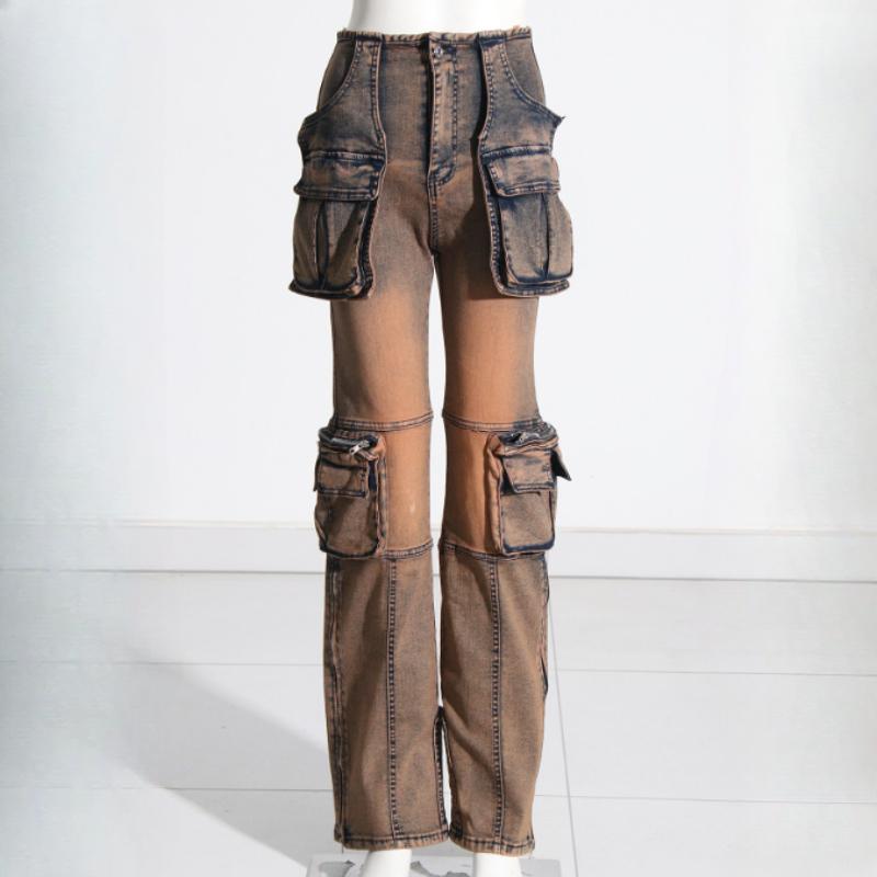 

Wide Leg Multiple Pockets Jeans Women Cargo Denim Pants Y2k Streetwear Patchwork Stretch Straight Jeans XS кавовий