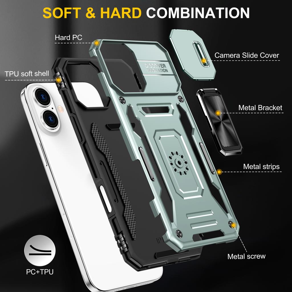 Armor Series For iPhone 16 Plus Case Adjustable Kickstand PC+TPU Phone Cover with Slide Lens Guard