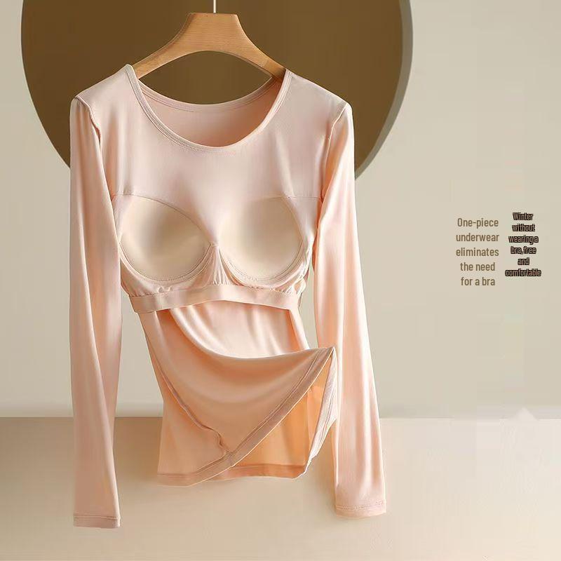 Modal Long Sleeve Thermal Undershirt with Built-in Padded Bra for Women