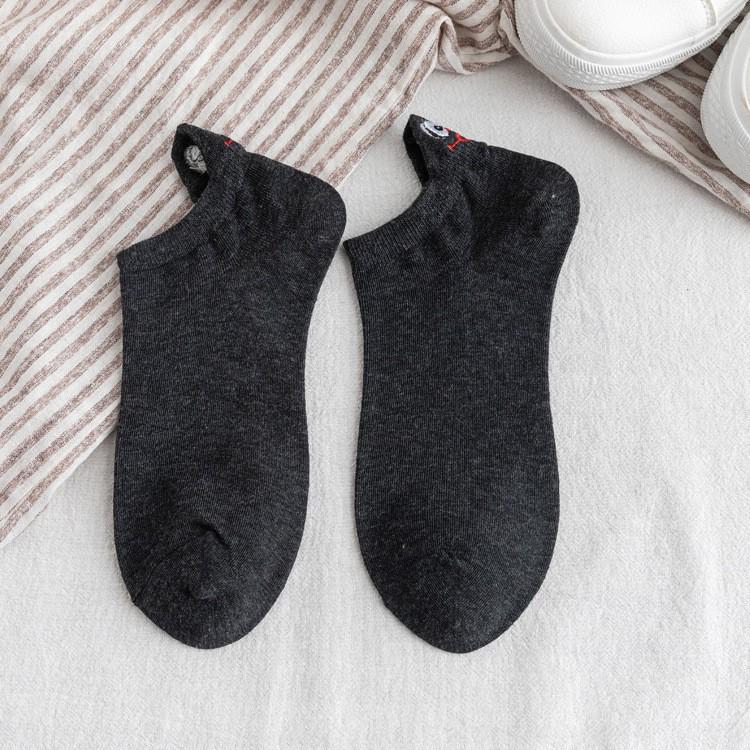 Women's Cute Japanese Cartoon Eyes Cotton Socks with Smiley Face Embroidery - Short Boat Style