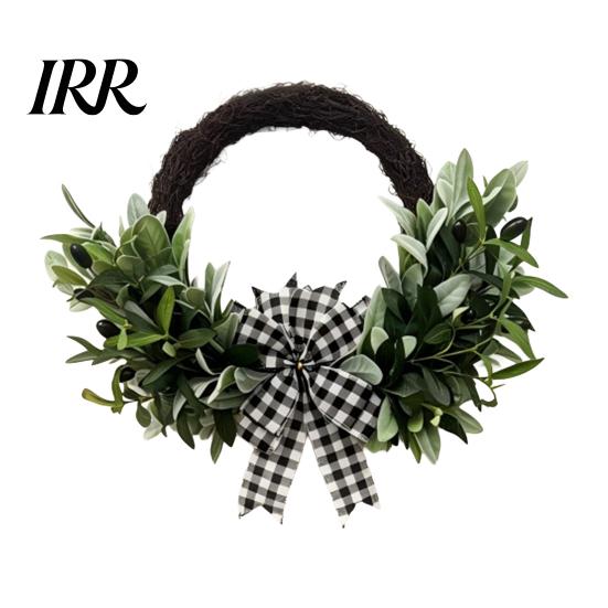Outdoor Durable Wreath Artificial Lamb Ear Faux Greenery Leaves Rattan with Striped Rustic Door Decor Bow Spring Farmhouse Hanging for Front 1pc