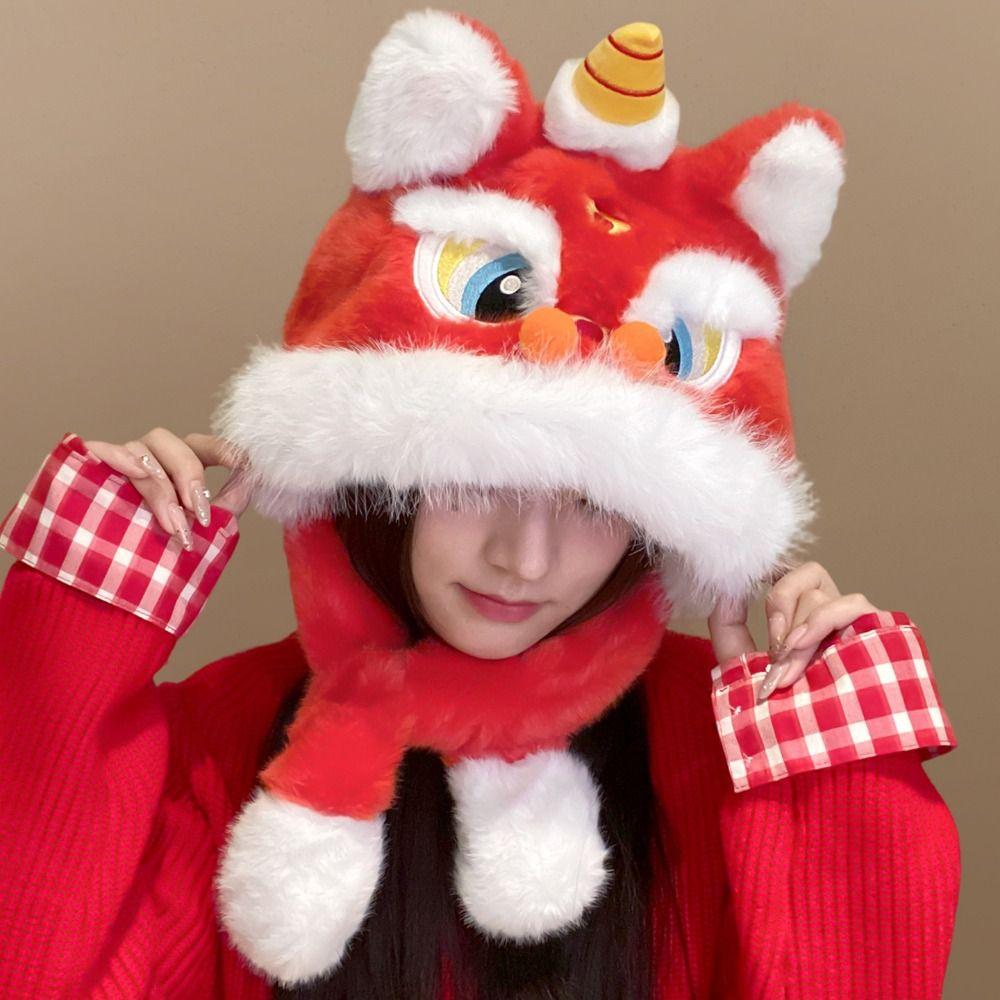 Thickened New Year Red Cap Ears Can Move Plush Beanies Fashion Lion Dance Hat  Outdoor