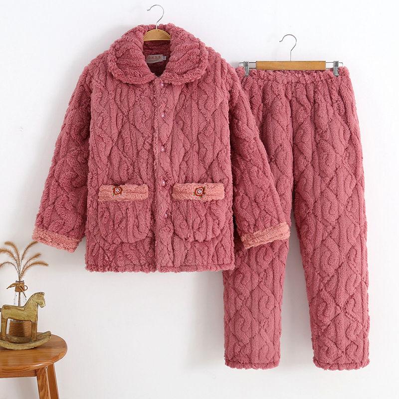 Mother Quilted Pajamas Three-layer Thick Coral Fleece Home Service Women's Plus Size Pajamas Set