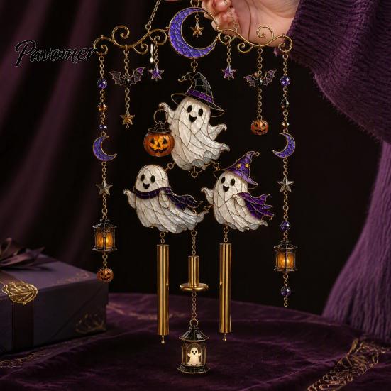 Unique Halloween Gifts for Friends Stained Glass Style Wind Chime, Acrylic Suncatcher Hanging Ornament with Ghost Black Cat Artistic Window