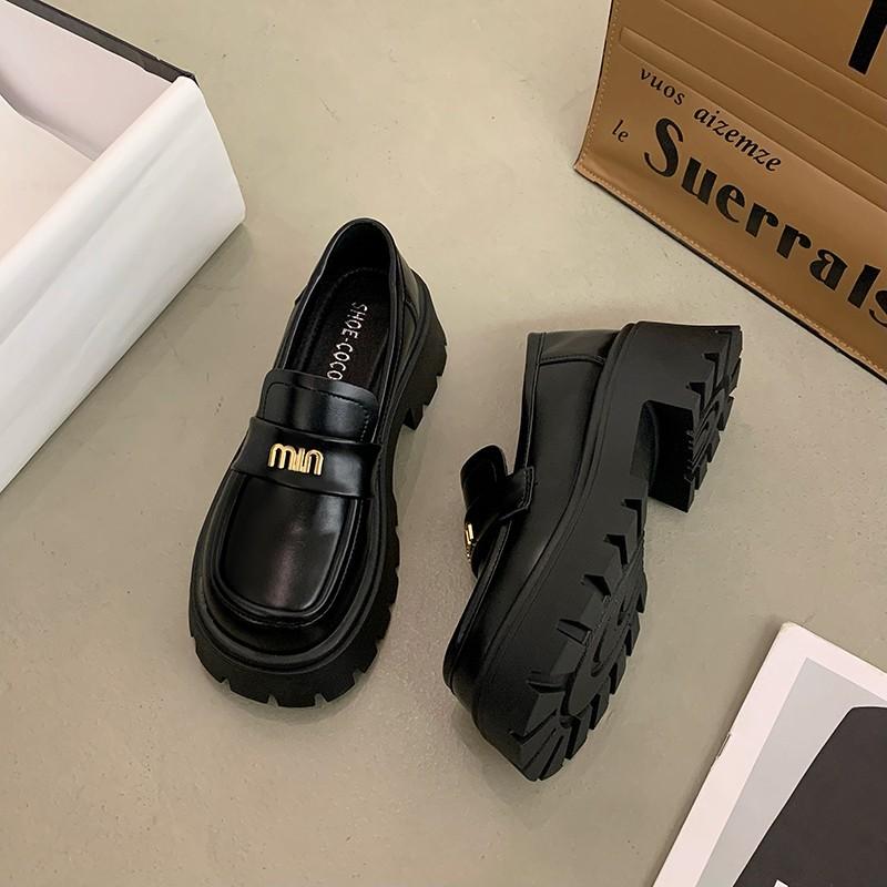 British style small leather shoes 2025 women's muffin bottom spring new versatile platform shoes black Mary Jane loafers