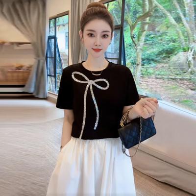 Summer Women Streetwear Cotton Diamonds Edging Bow Tassel Slim T-Shirt Women Tops Short Sleeved T-shirt