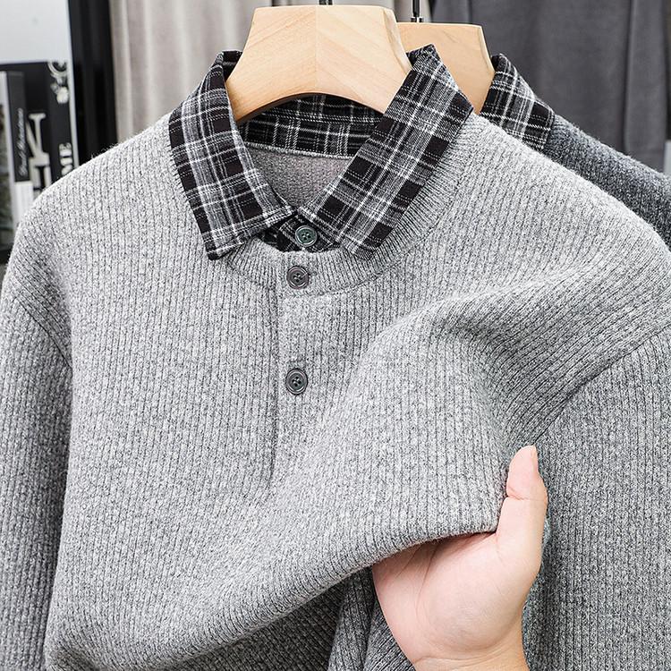 Men's Trendy Korean Style Plaid Knit Sweater with Shirt Collar - Warm, Loose Fit (Autumn/Winter)