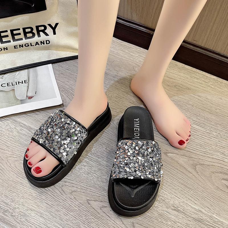 Women's sequined open toe large size thick-soled slippers  summer new outdoor beach fashion casual women's shoes