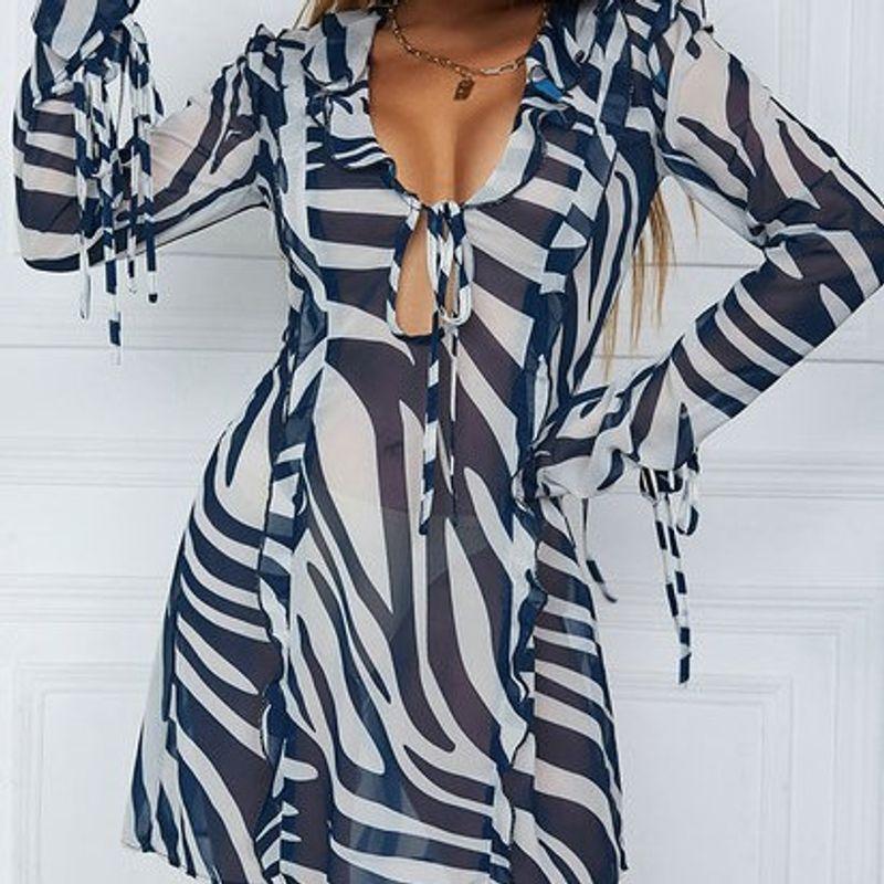 All-Match Foreign Trade Women's Clothing Beautiful Fall and Winter New Arrival Fashion Sexy V-neck Long Sleeve Elegant Stripes Tied Dress