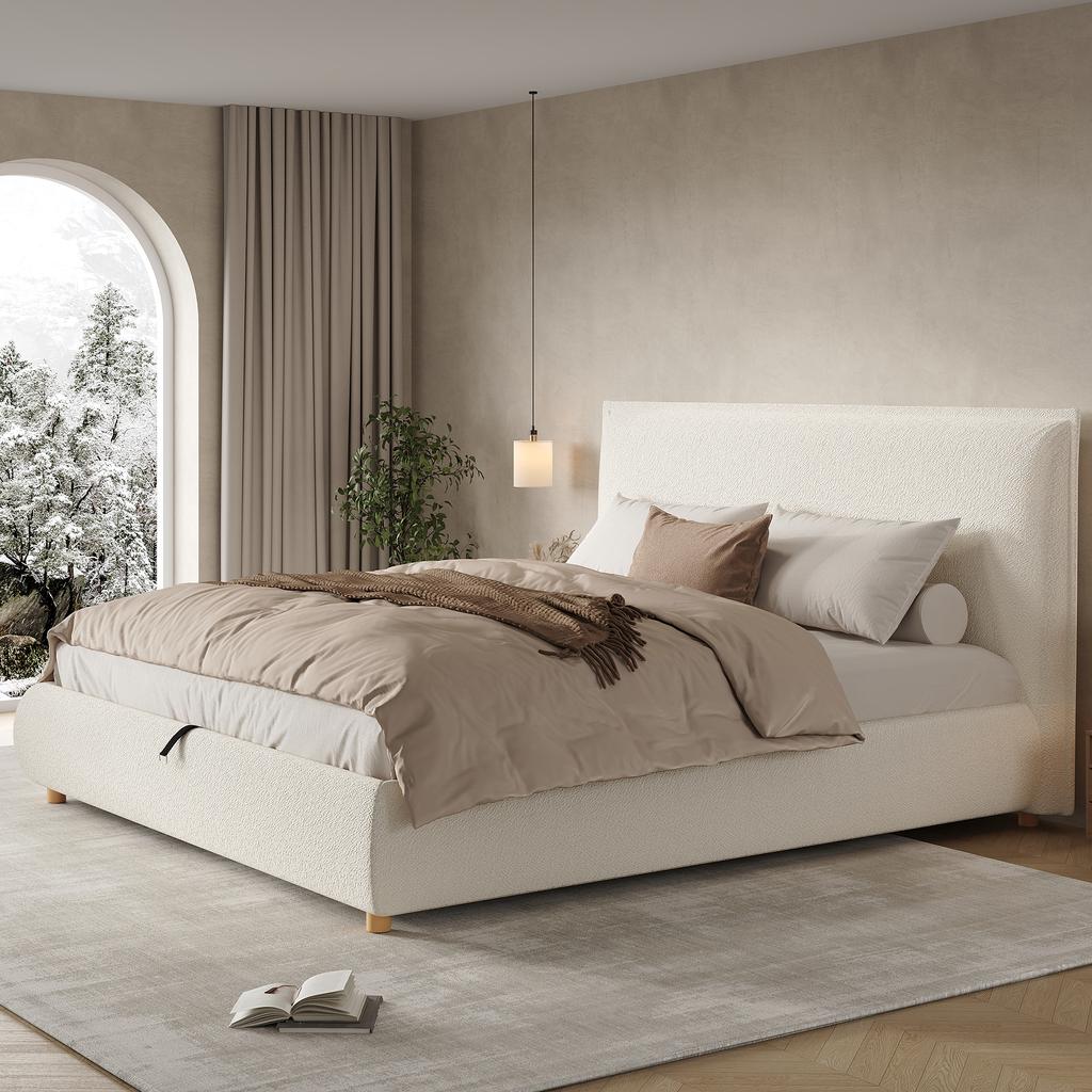 Upholstered Bed, 180*200cm, Hydraulic Functional Bed with Slatted Frame, Headboard and Large Storage Space, Solid Wood Bed Legs, White Bouclé