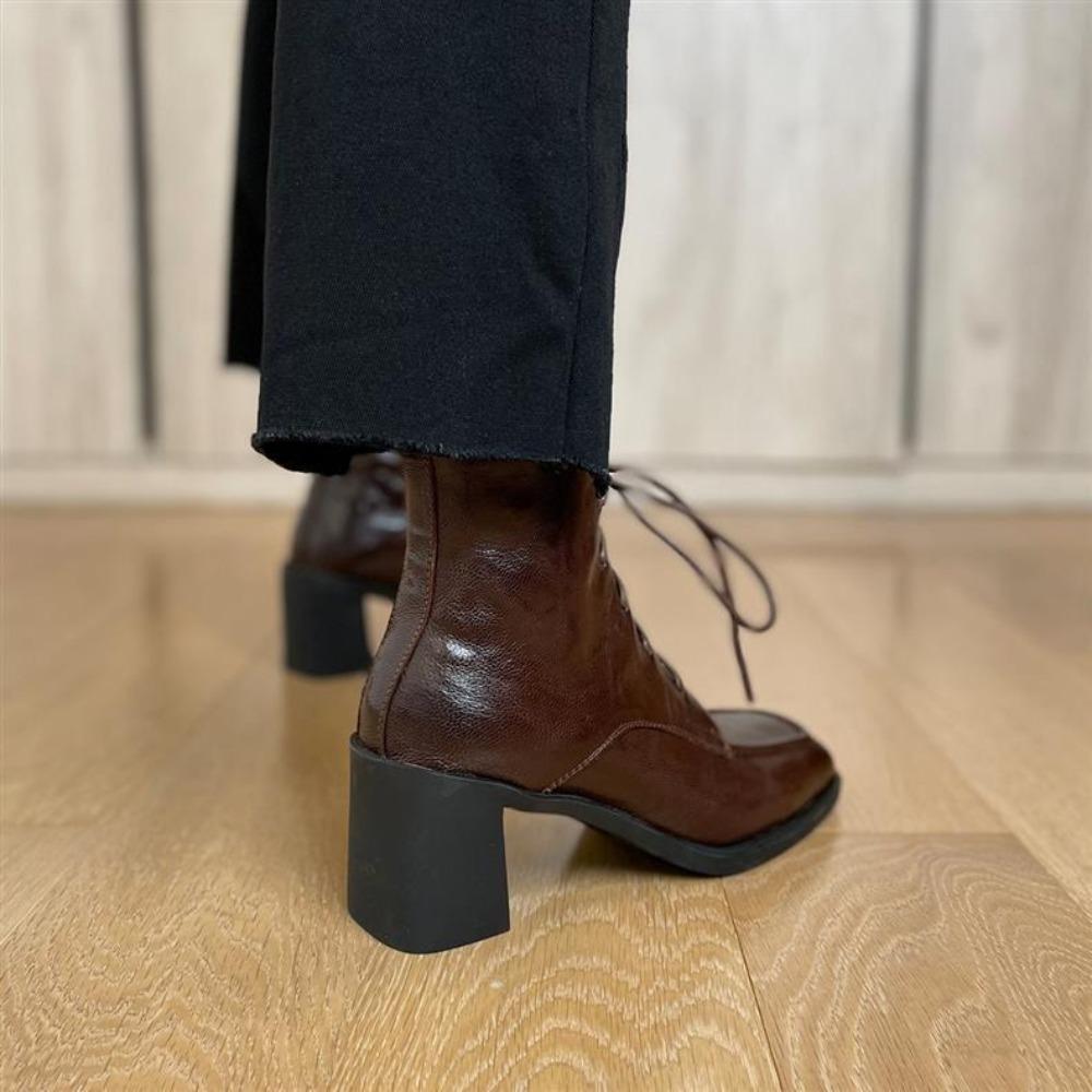 Quiet Sole Soft Leather Ankle Boots Women's Autumn Winter Thick Heel High Heel Lace-up Ankle Square Head High Heel Short Boots