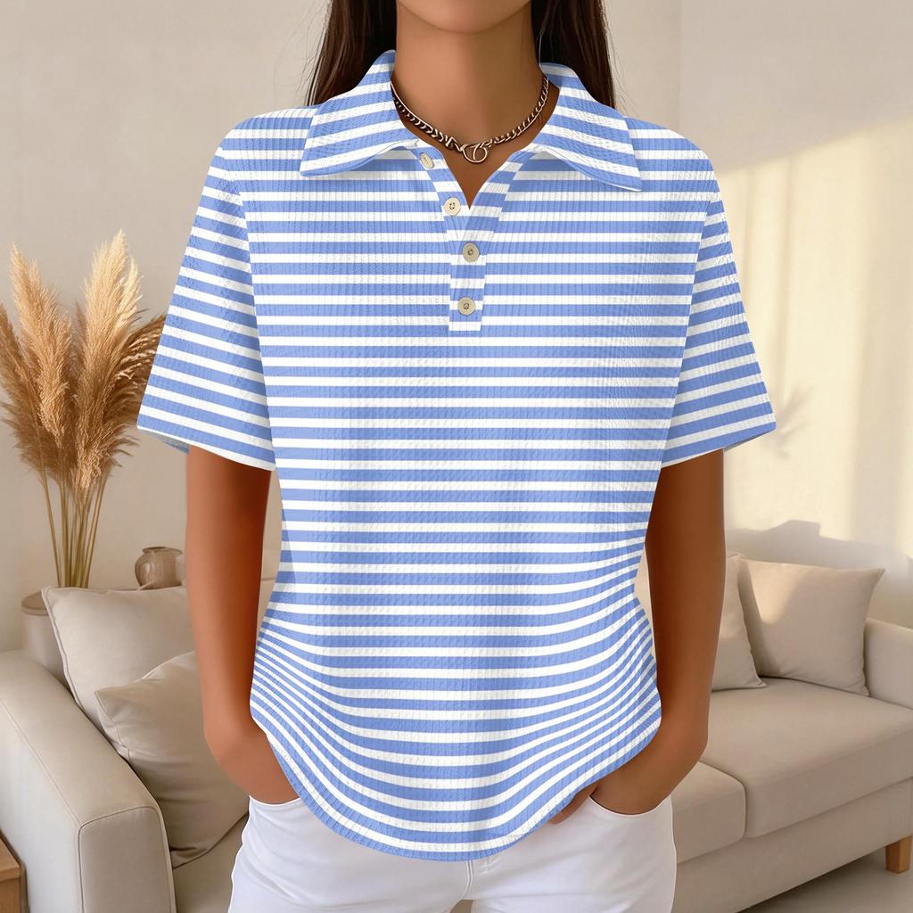 Women's Casual Short Sleeve Polo Shirt Waffle Texture Button Down Collar Top with Horizontal Stripes Pattern Suitable for Daily Wear