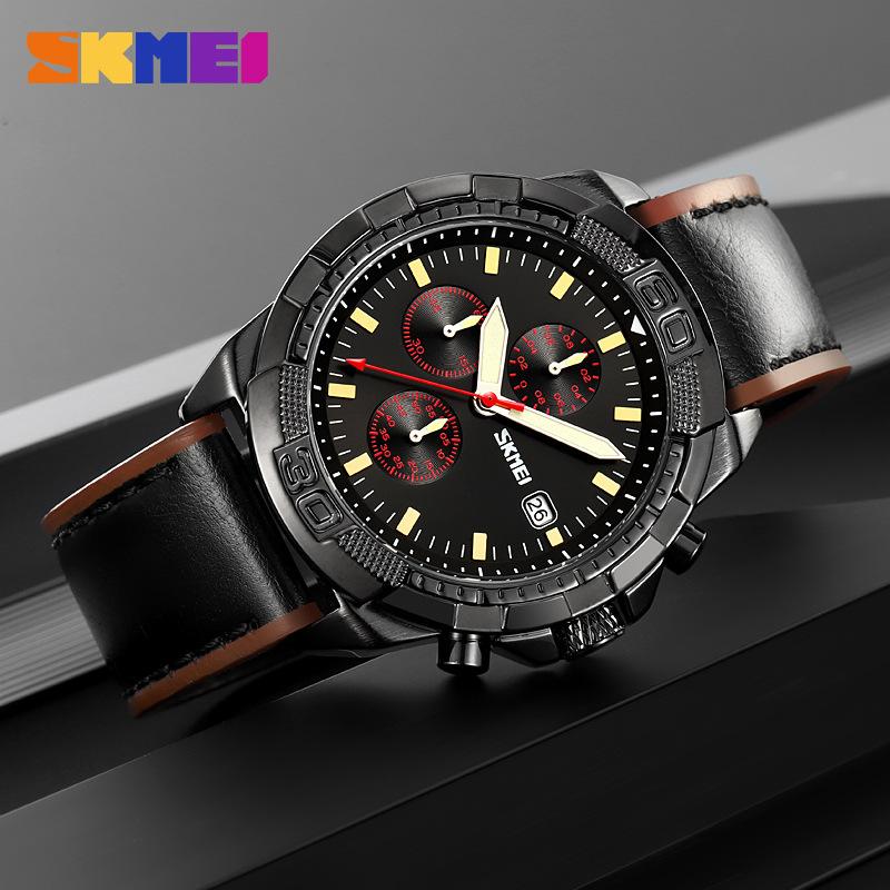 Moment Beauty Men's Fashion Business Belt Watch, Waterproof Calendar Casual Quartz Three-Eye Six-Pin Watch