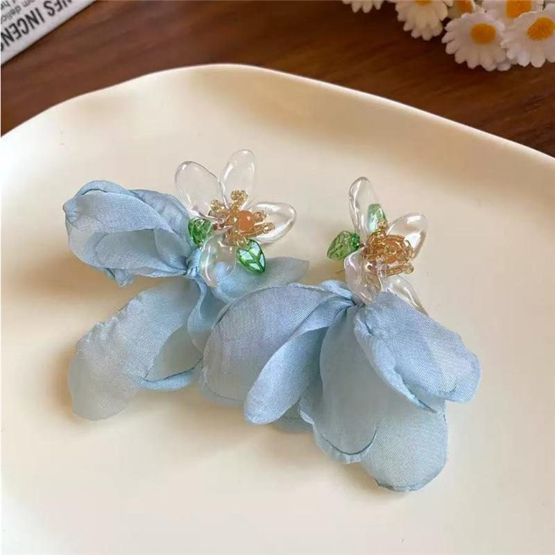 

Винтажные серьги с длинной кисточкой в виде цветка для женщин, милые шифоновые серьги-подвески с темпераментом, для вечеринки, свадьбы, пляжа синий