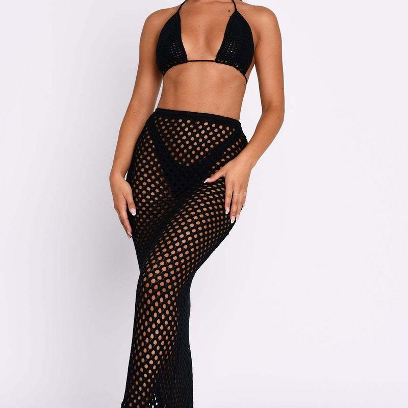 

2024 Лето Новое поступление Лето Осень Европейская и американская женская одежда Бикини Сексуальный Прозрачный Вырез Юбка Вязаный костюм Black L