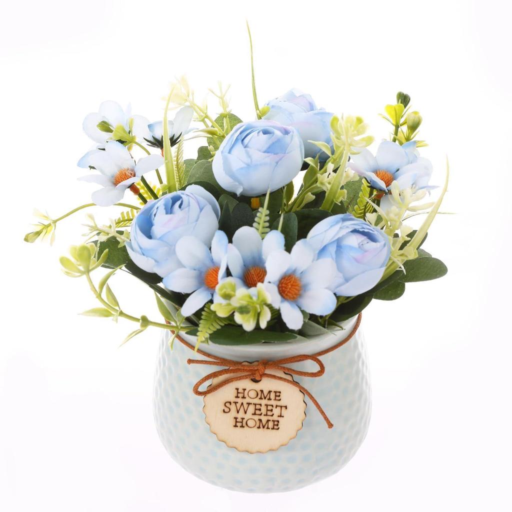 Artificial Rose Flower Plant with Pot (Blue,) Home Décor Items for Living Room Balcony Kitchen Bedroom Office Table Top Decoration Gifting Item