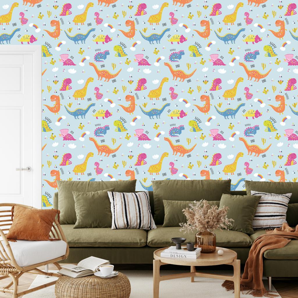 Wallpaper Colorful dinosaurs cacti rainbows for living room and bedroom 50x1000