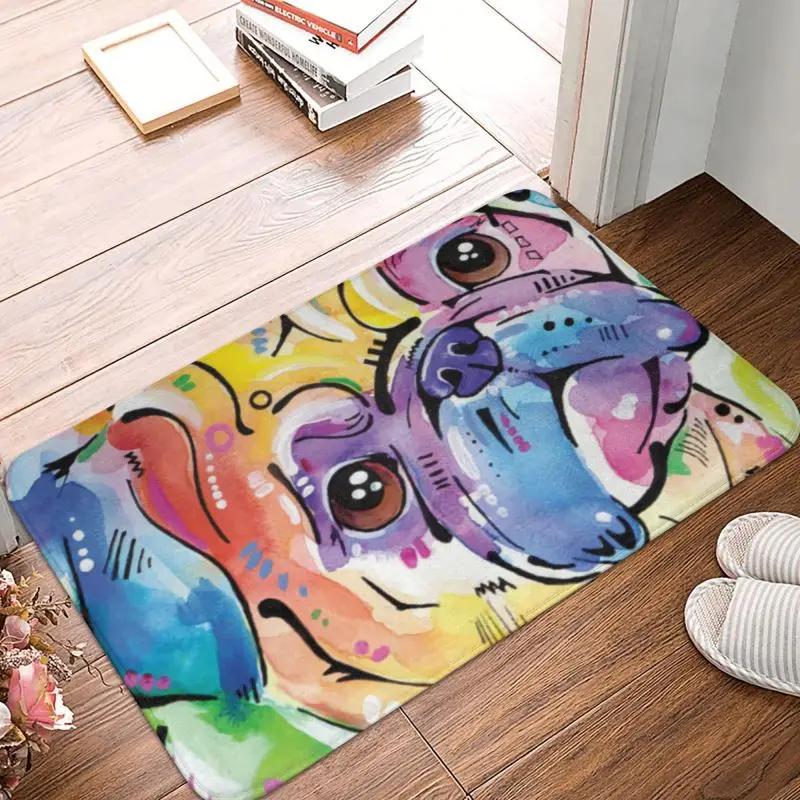 Pug Colorful Pugs Art Dog Pet Lover Floor Door Bathroom Kitchen Mat Anti-Slip Indoor Cute Pet Doormat Toilet Entrance Carpet Rug