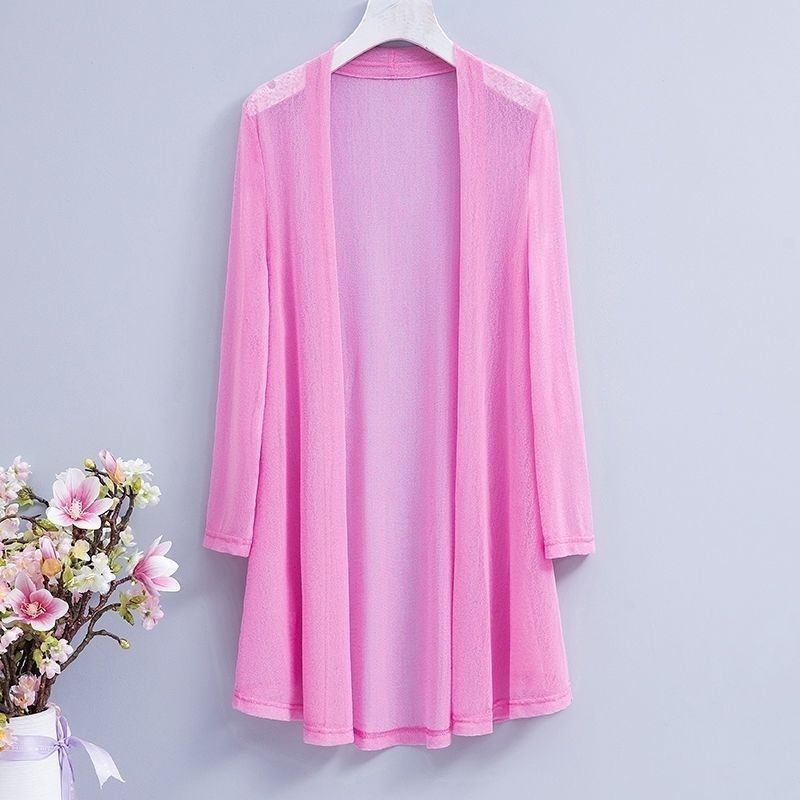 

Летний женский сетчатый кардиган средней длины с дышащей шалью, с длинными рукавами, солнцезащитный топ с открытым передом, тонкий кардиган 3XL розовый