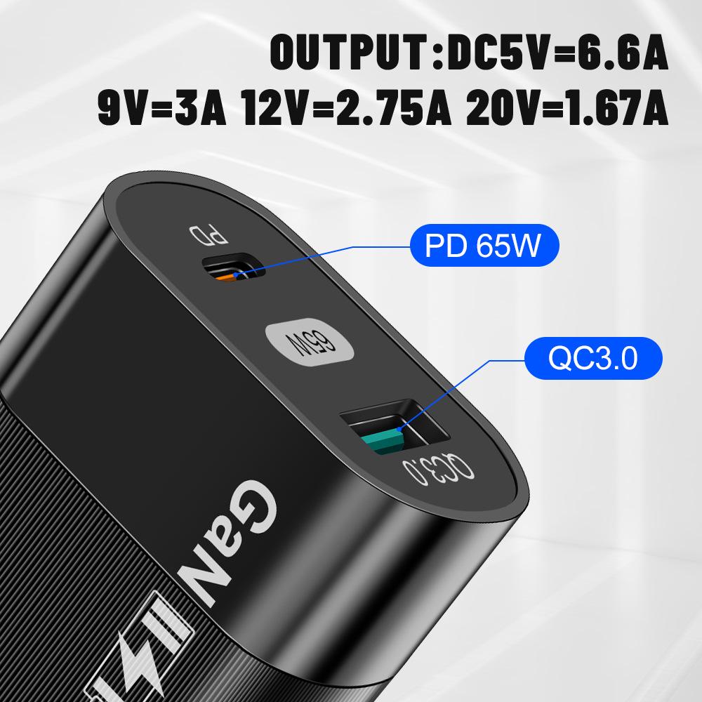 65W Gallium Nitride (GaN) PD Fast Charger with EU/US/UK Adapter for Phones & Computers