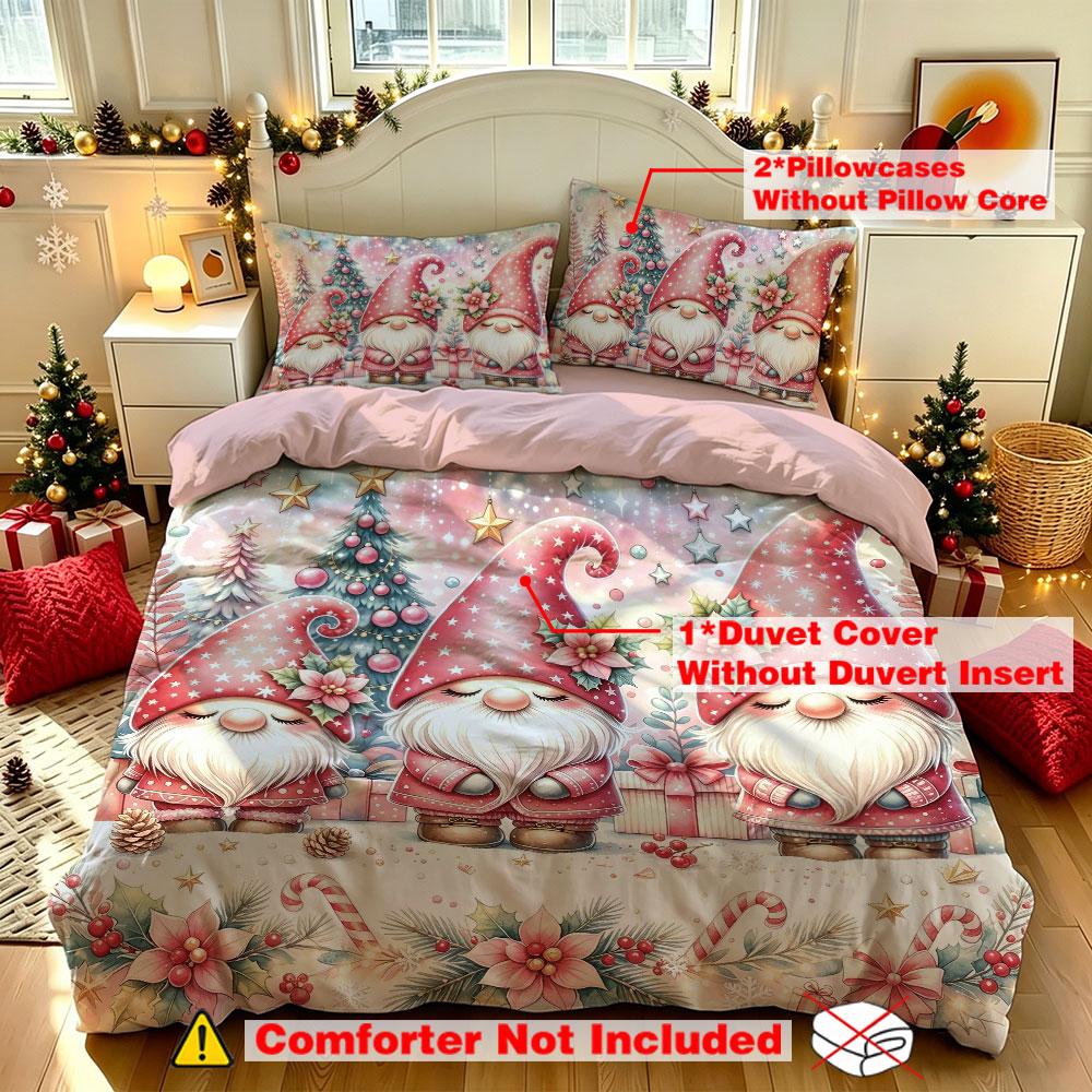 3 Pcs Christmas Duvet Cover Set Three Gnome Santa Christmas Tree Print Warm Bedding Set 1 Cover 2 Pillowcases