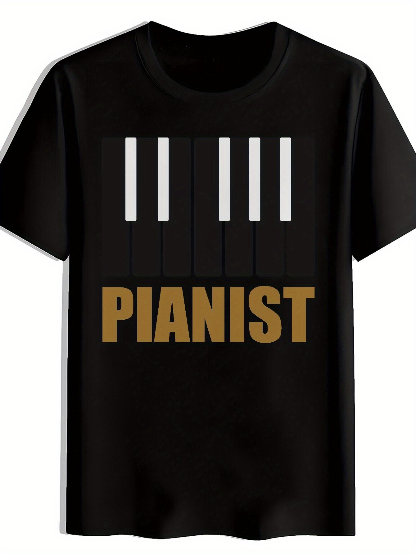 Black  Pianist  Graphic T-shirt - Casual Crew Neck M
