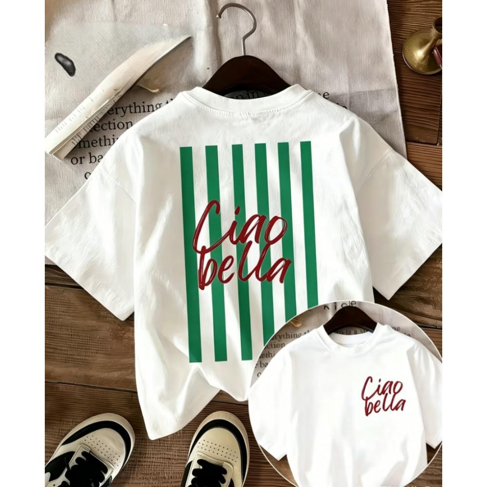 Ciao Bella Striped Print T-shirt Italian Retro Graphic Short Sleeve Tops Women Casual Loose Streetwear Daily Wear Tee Summer