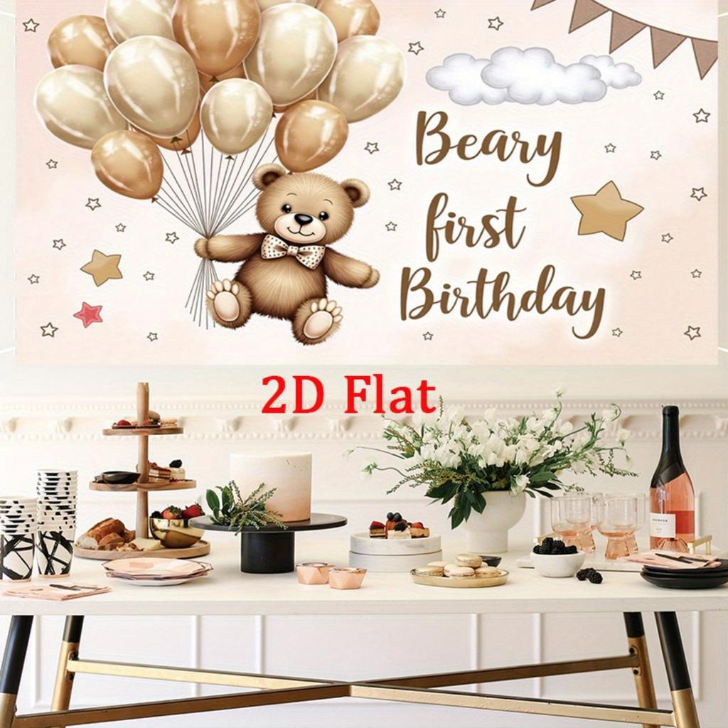 Teddy bear balloon and star fireworks backdrop set - "Teddy's First Birthday" party banner, polyester material