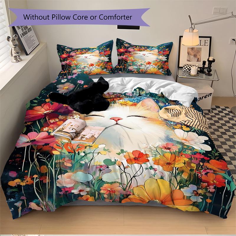 3pcs Colorful Art Cat & Flowers Quilt Cover Set - Soft and Cozy Bedroom, Guest Room and Dorm Decorative Bedding 3-Piece Set 1 Quilt Cover + 2 Pil