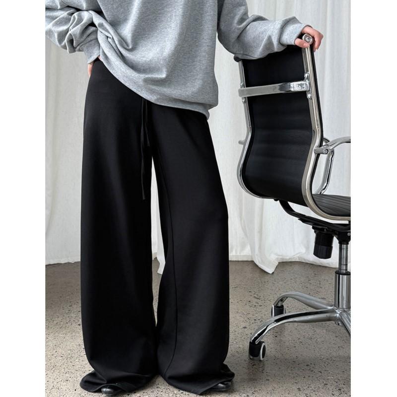 

Johnature Брюки с высокой талией на кулиске с широкими штанинами Женские осенние повседневные спортивные штаны Брюки в пол L чёрный