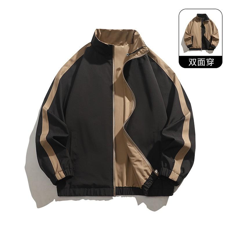 Mens Reversible Stand Collar Jacket Lightweight Outerwear With Stripe Solid Sides