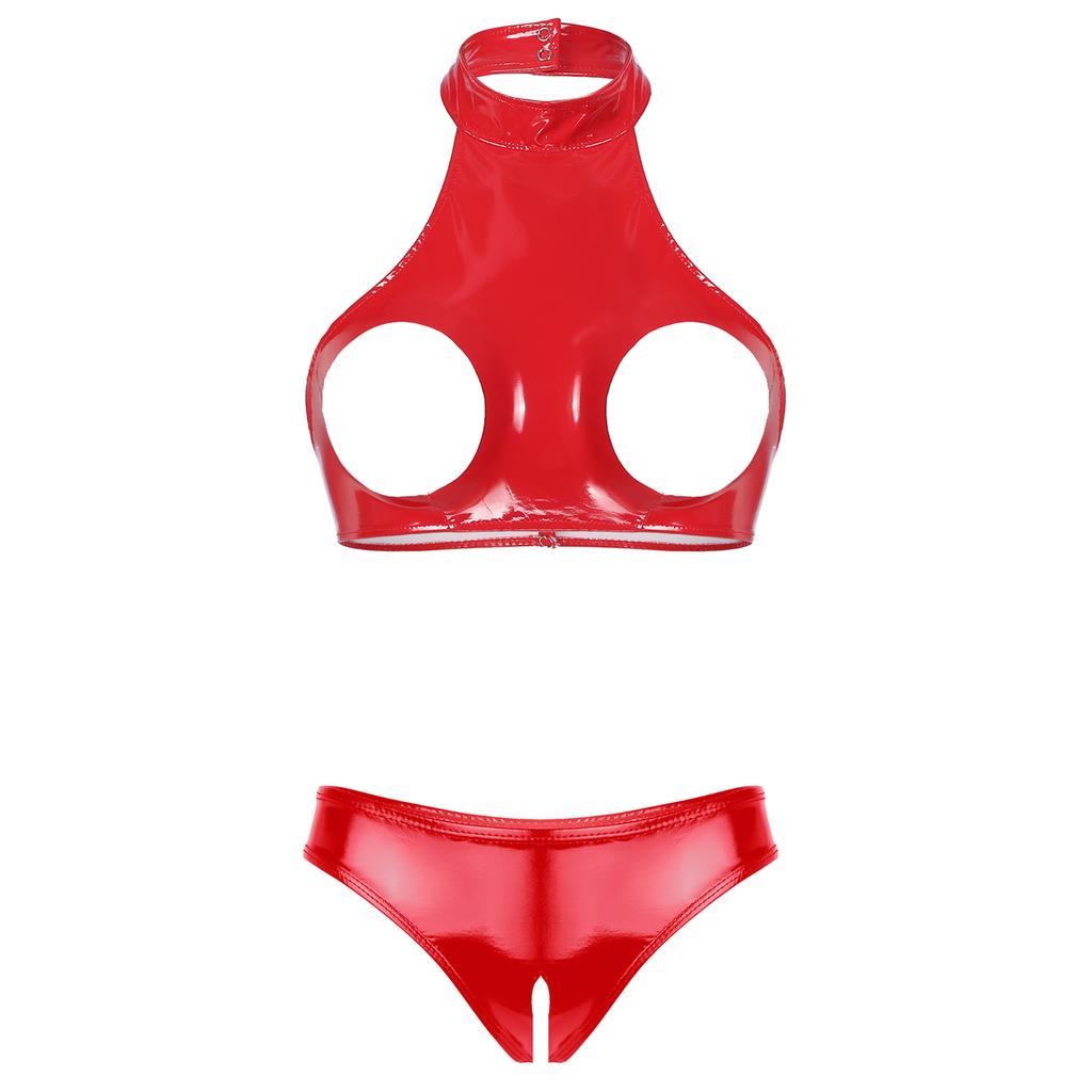 Set Top Corto da Donna in Pelle Verniciata con Busto Aperto e Slip con Cavallo Aperto