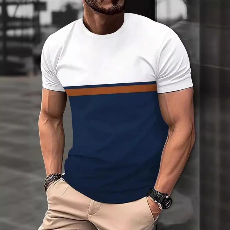 Men's Color Blocked Round Neck T-shirt with D-print Top Short Sleeved T-shirt for Summer Loose Fit Men's Casual Wear Shirt