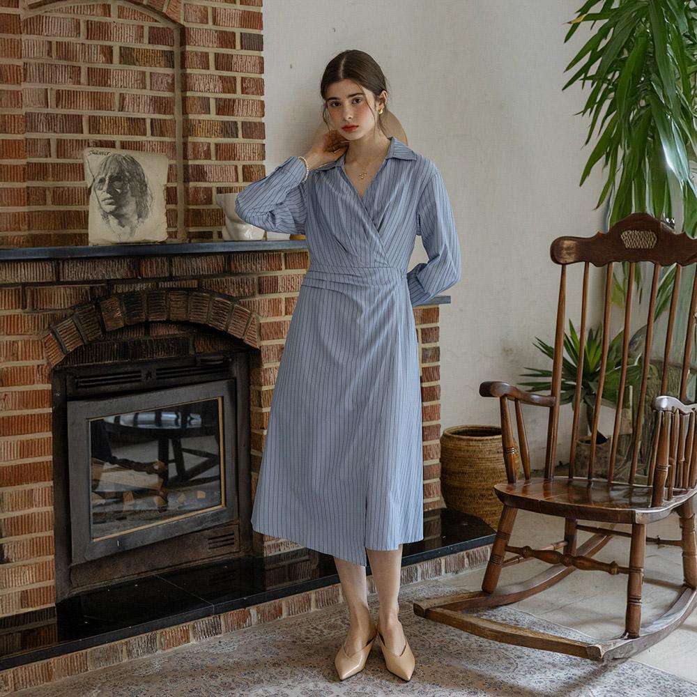 Peulaudeumali Pm_V-Neck Stripes Long Sleeves Dress_Blue