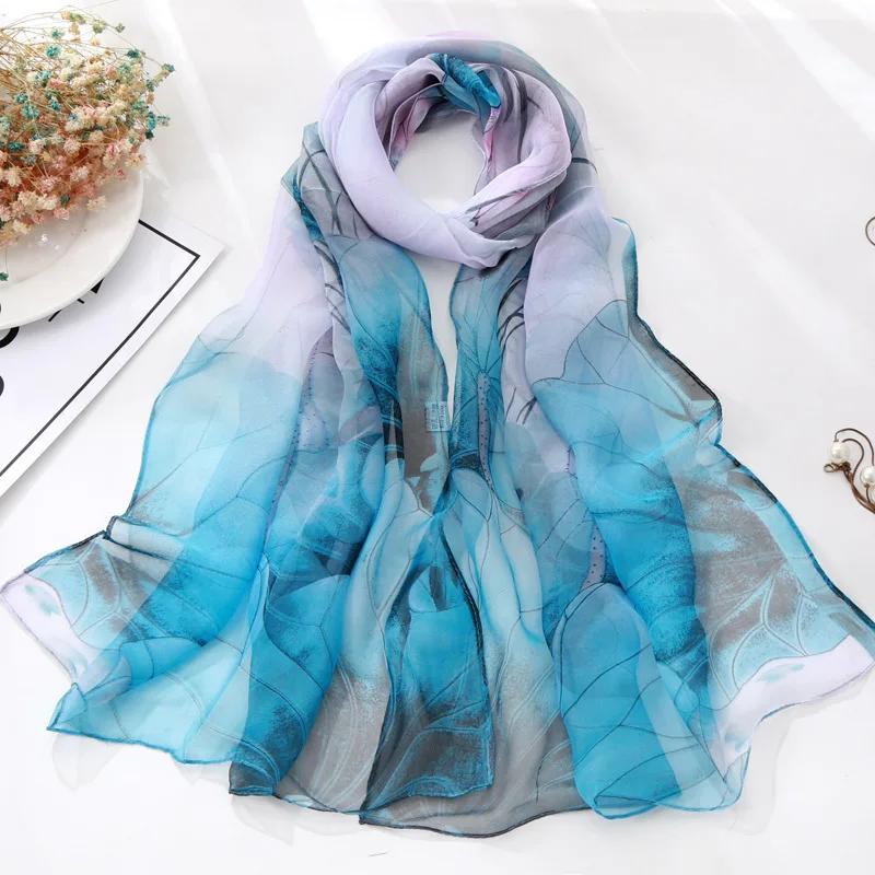 Seidenschals Damen Chiffon Wickeltücher Schals Dünner Hijab Schal Für Damen Blumendruck Bandana Kopftücher Sonnenschutz Langer Halsscarf