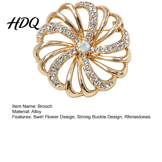 Non-fading Brooch Pin Hollow Swirl Flower Pattern Lapel Pin with Rhinestones Inlaid Spiral Petals Design Versatile Badge for Coats Shirts