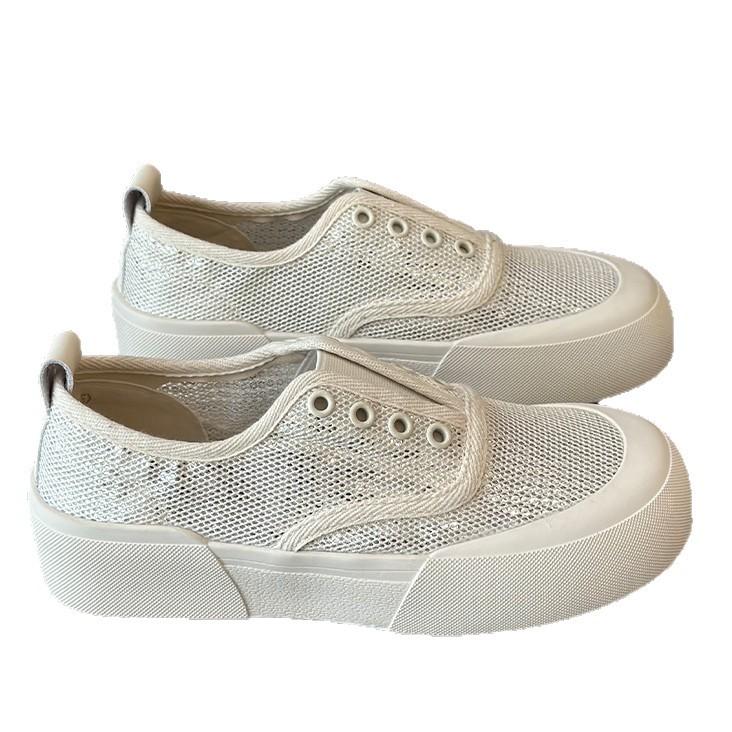 Thick-soled sequined mesh breathable board shoes children 2025 new versatile sports and leisure one-pedal mesh shoes little white shoes