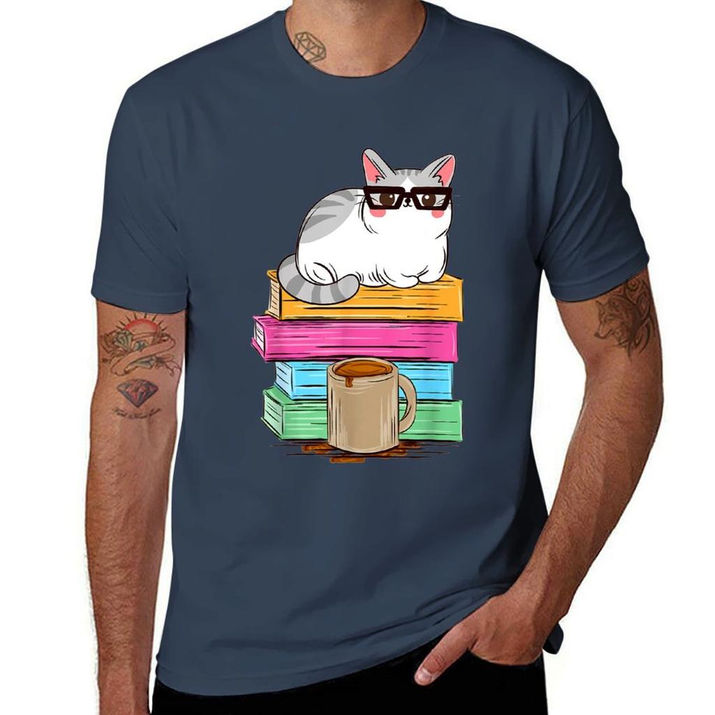 Student Teacher Cat Reading Coffee Kitty Tshirt Lightweight Cooling Short Sleeve Tee Tshirt