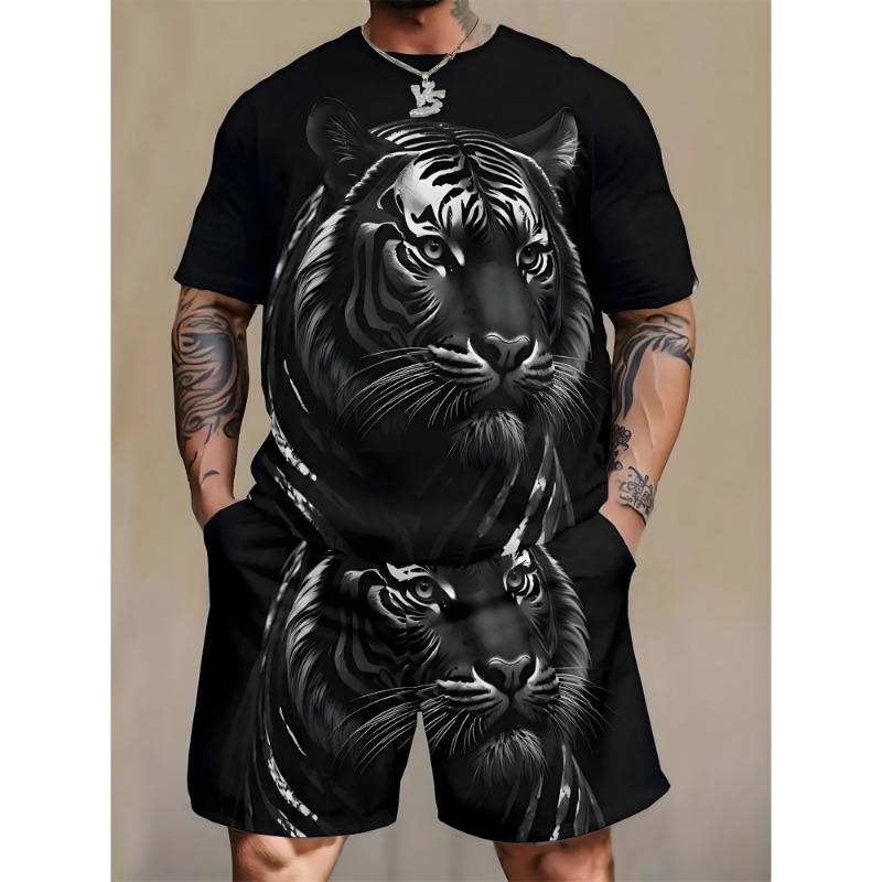 Modisches Löwen Tiger Tier Grafik T-Shirt Shorts Set Sommer Kurzarm Oberteil Kordelzug Shorts 2-teiliges Set Herren Sportbekleidung Anzug