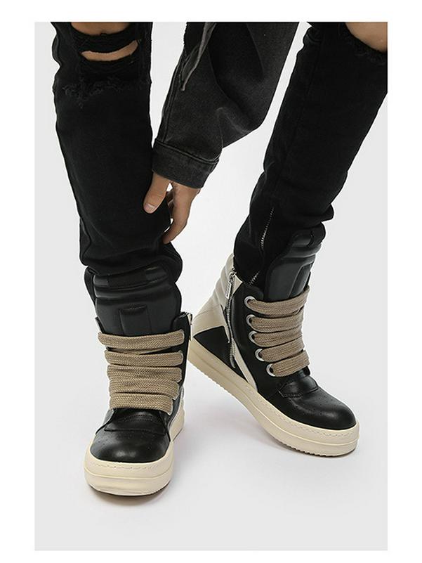 2024 Autumn/Winter Men's Trendy Genuine Leather High-Top Black & White Thick-Soled Boots